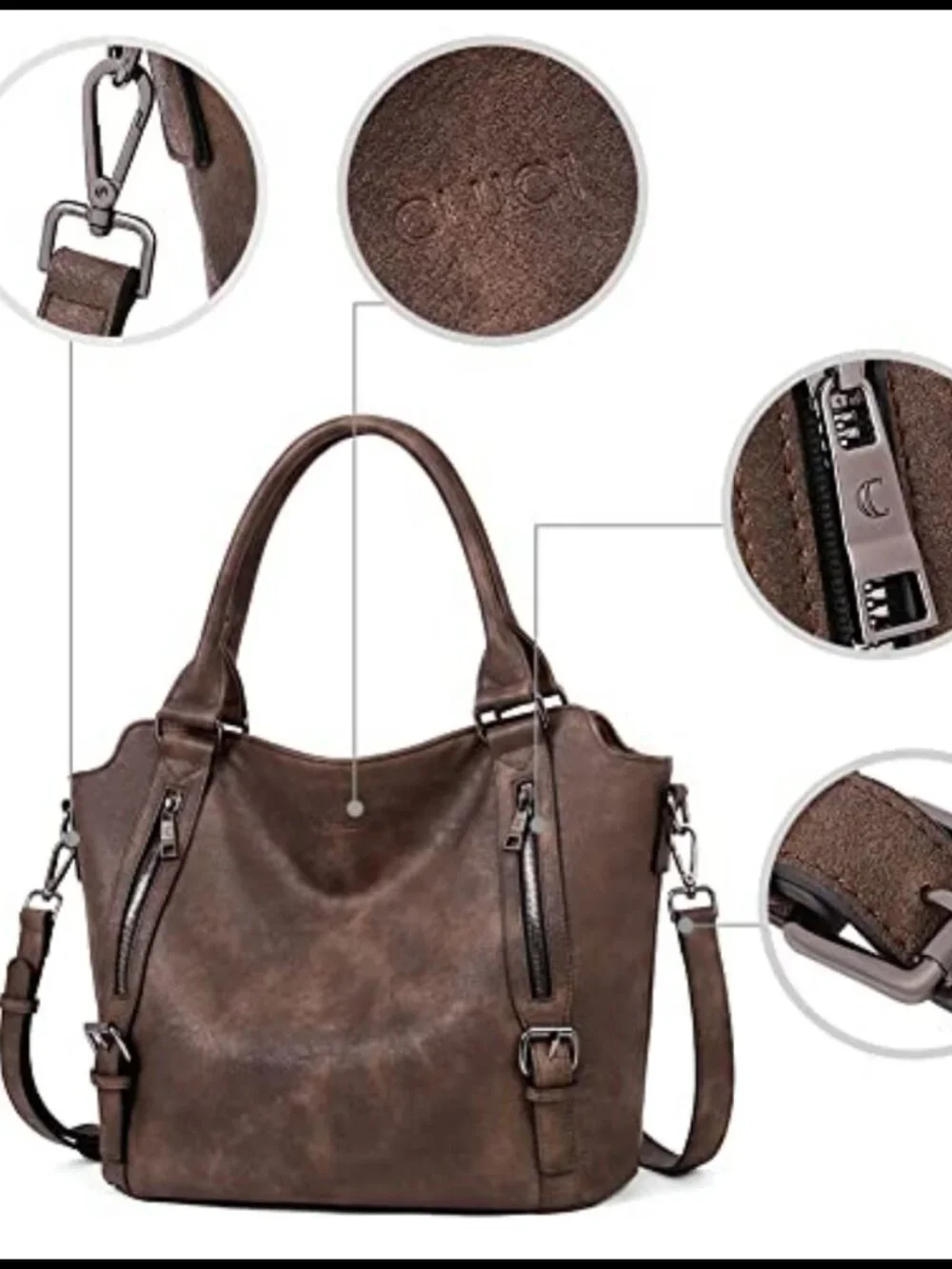 Large Vegan Leather Hobo Bag Multi Pockets 3-in-1 Convertible Shoulder Crossbody